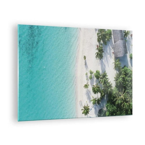 Billede på glas - Fugleperspektiv af en tropisk strand med palmer og et turkisblåt hav - 70x50cm - Ferie i paradis - Moderne vægdekoration til stue og soveværelse ARTTOR