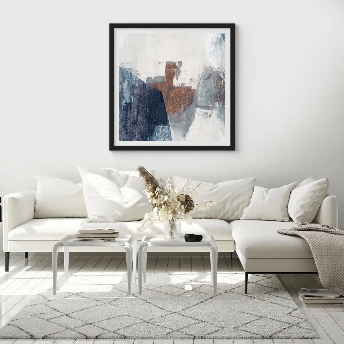 Plakat i sort ramme - Blåbrune former - 50x50 cm