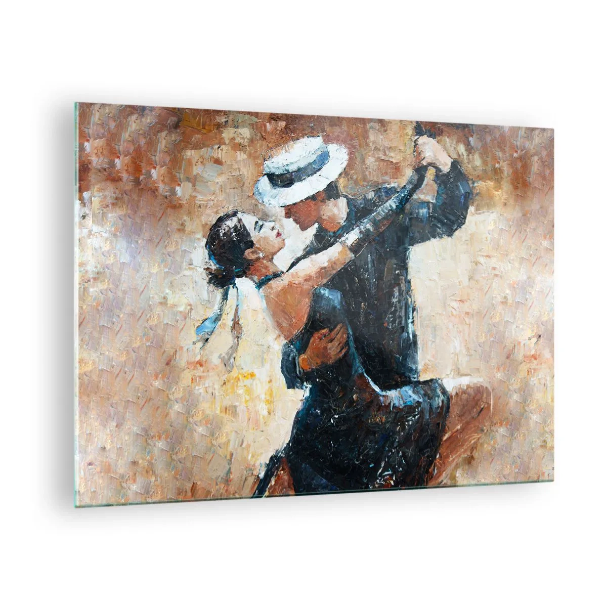 Billede på glas - Et par, der danser i en elegant stil med et klassisk præg - 70x50cm - A la Rudolf Valentino - Moderne vægdekoration til stue og soveværelse ARTTOR