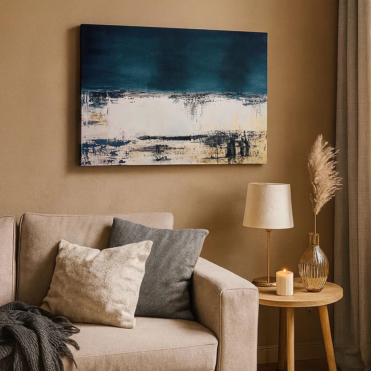 Lærredstryk - Billede på lærred - Abstrakt horisontal komposition i nuancer af marineblå og hvid - 70x50cm - Vandret sammensætning - Moderne vægdekoration til stue og soveværelse ARTTOR