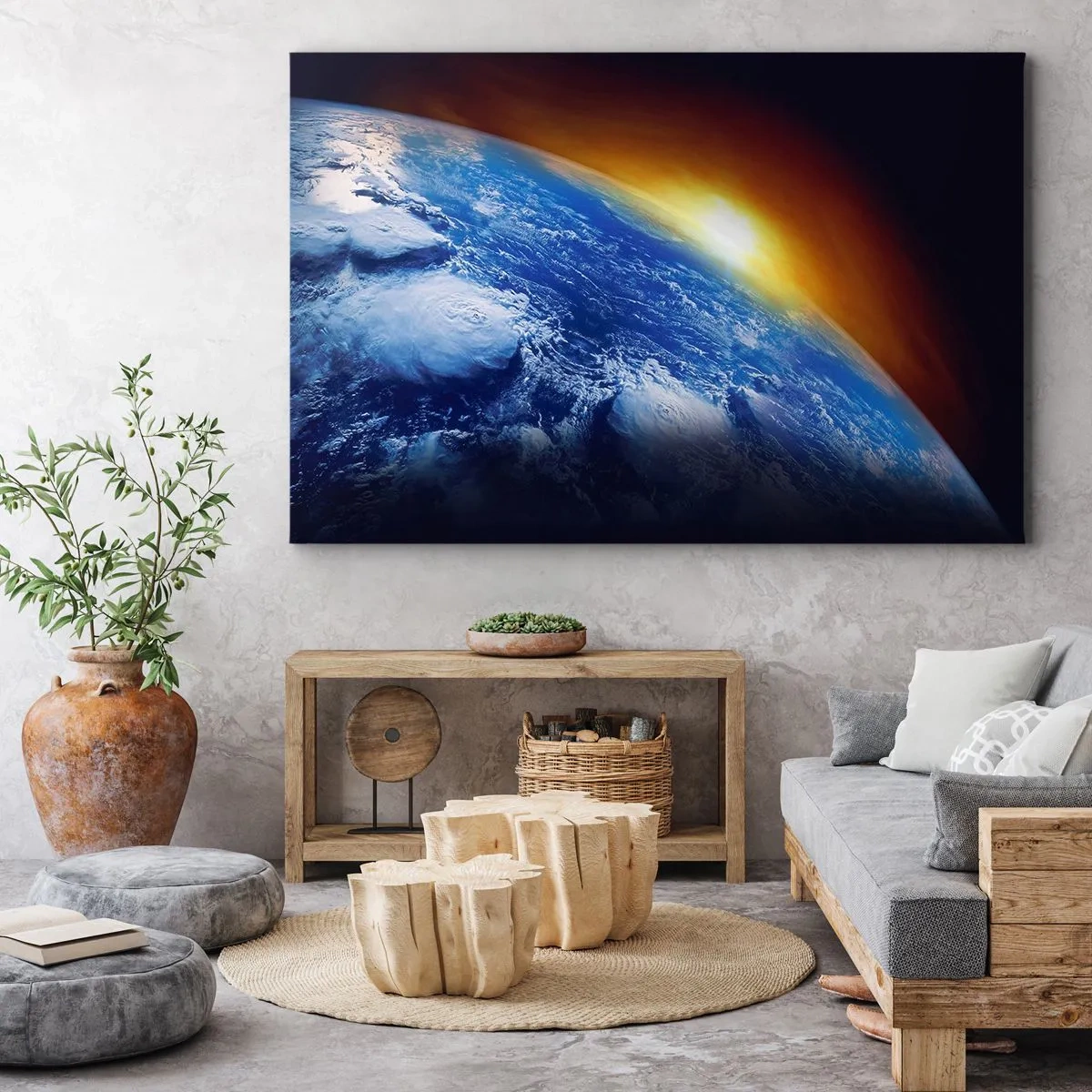 Lærredstryk - Billede på lærred - Udsigt over Jorden fra rummet ved solnedgang - 70x50cm - Solopgang over den blå planet - Moderne vægdekoration til stue og soveværelse ARTTOR