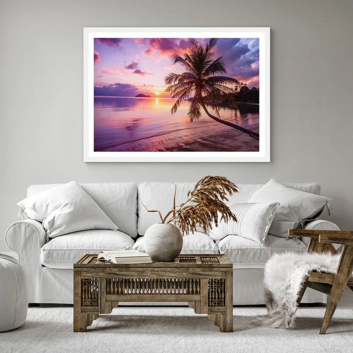 Plakat i hvid ramme - Lyksalighed hele vejen til horisonten - 60x60 cm