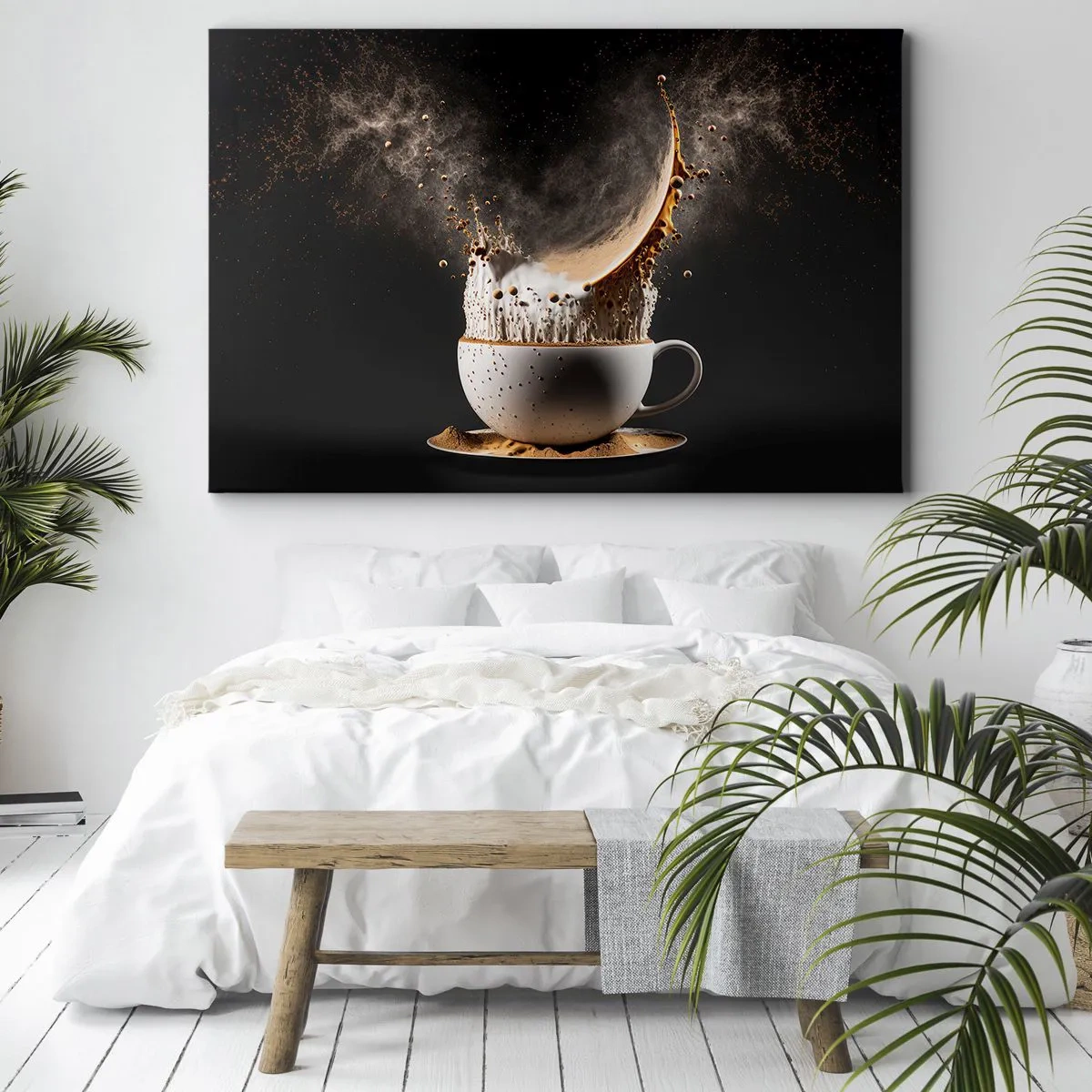 Lærredstryk - Billede på lærred - En kop kaffe med en dynamisk eksplosion af væske på en sort baggrund. - 70x50cm - En eksplosion af smag - Moderne vægdekoration til stue og soveværelse ARTTOR
