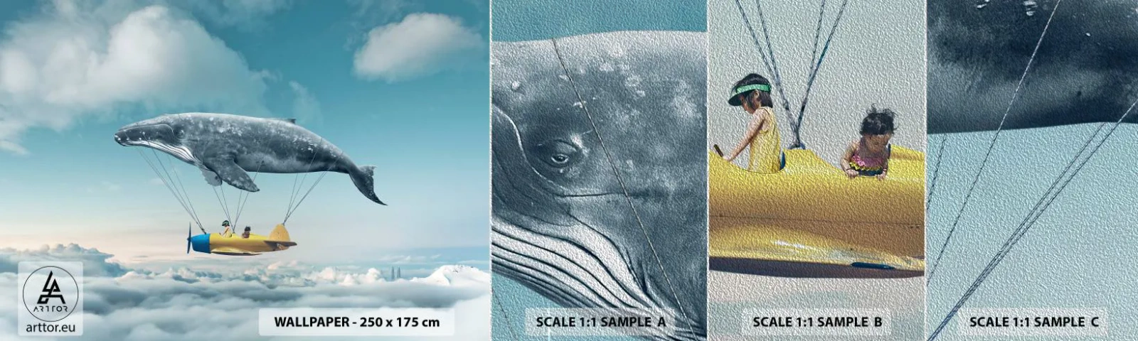 Prøve Fototapet Premium Sand - Hvorfor ikke? - Hval, Børn, Fly - 100x30 cm