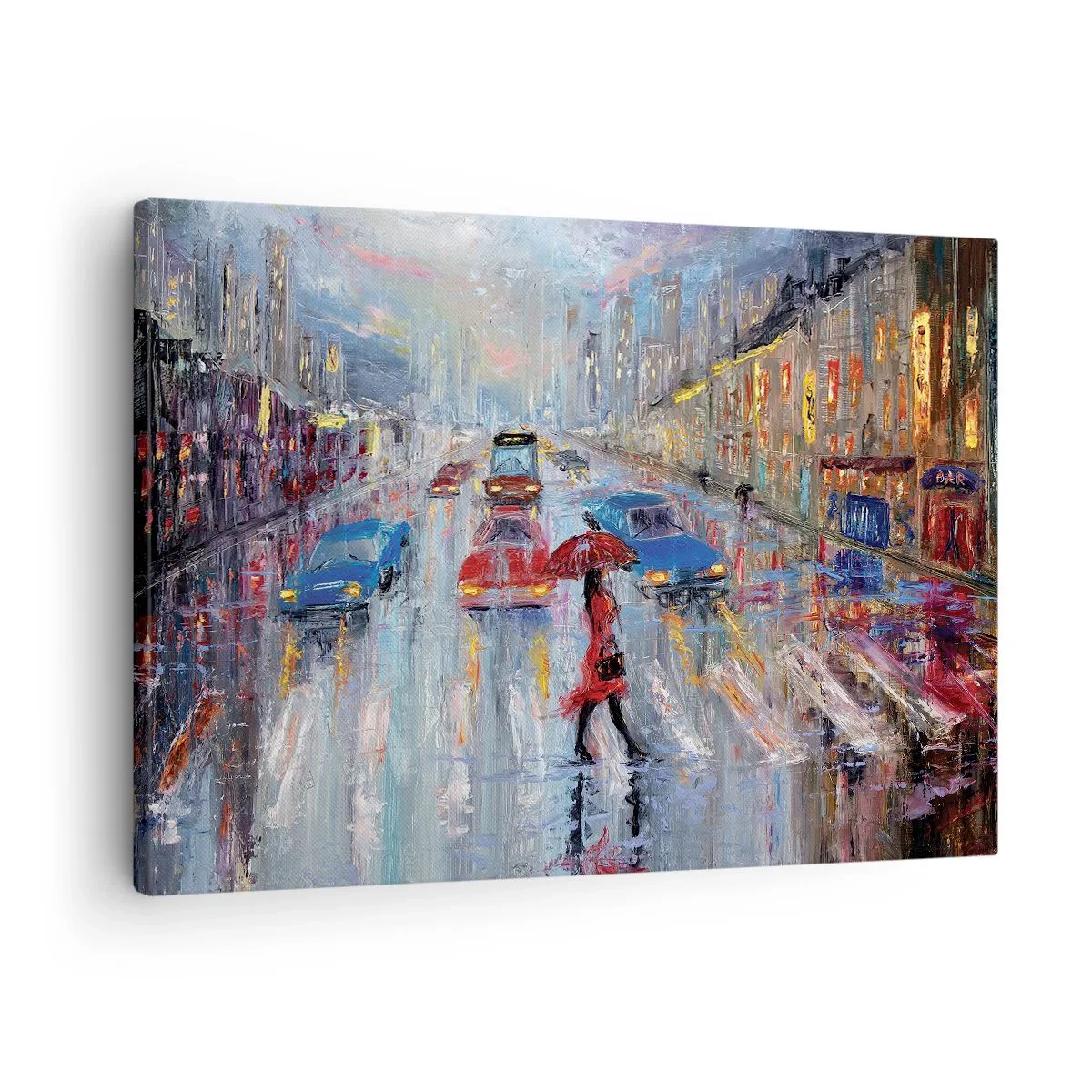 Lærredstryk - Billede på lærred - En kvinde med en paraply på en regnfuld gade i neonlyset. - 70x50cm - Regnfuld eftermiddag i byen - Moderne vægdekoration til stue og soveværelse ARTTOR