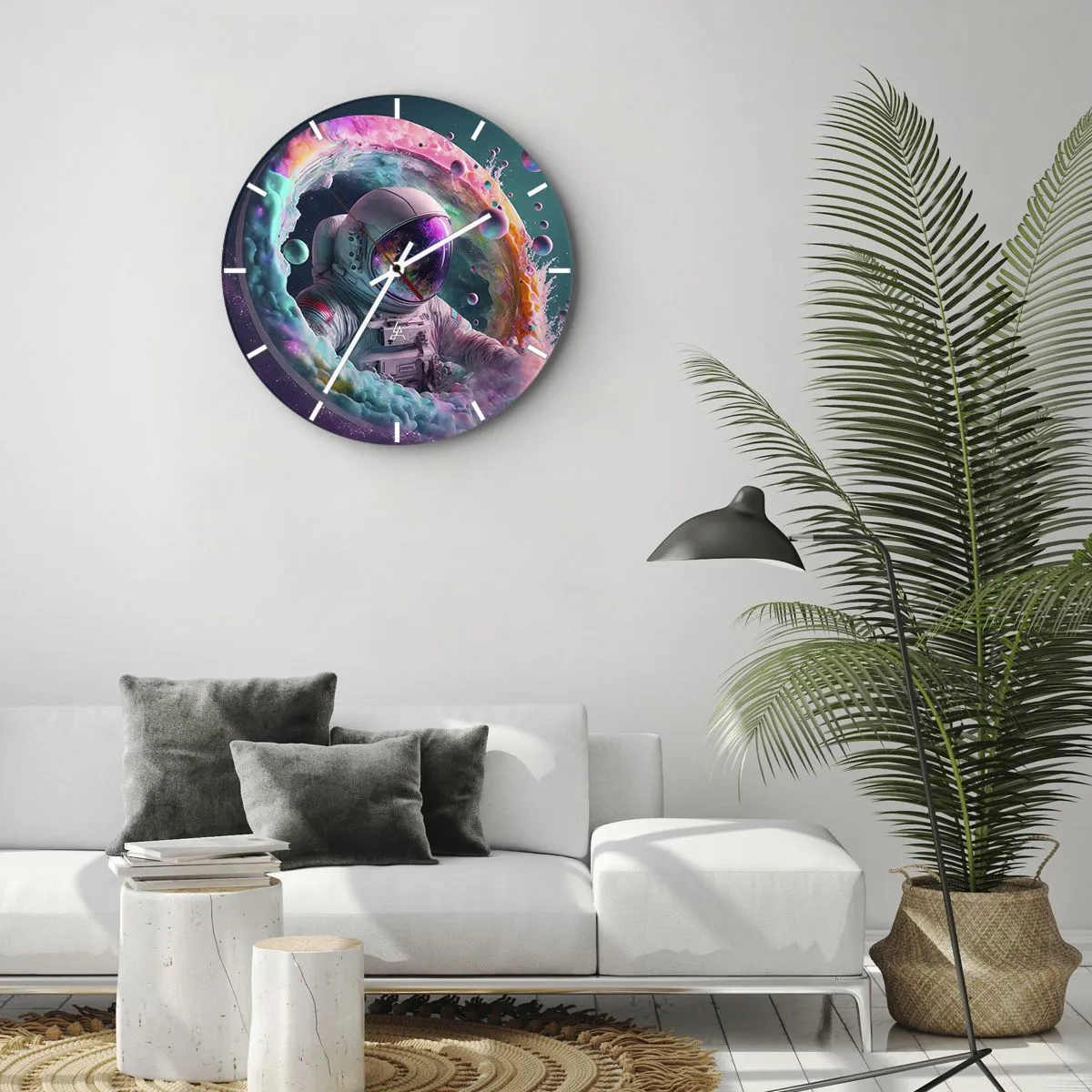 Vægur, Uret - Astronaut midt i kosmiske farver og portallignende effekter - 30x30cm - Stjerneport - Moderne vægdekoration til stue, køkken og soveværelse ARTTOR