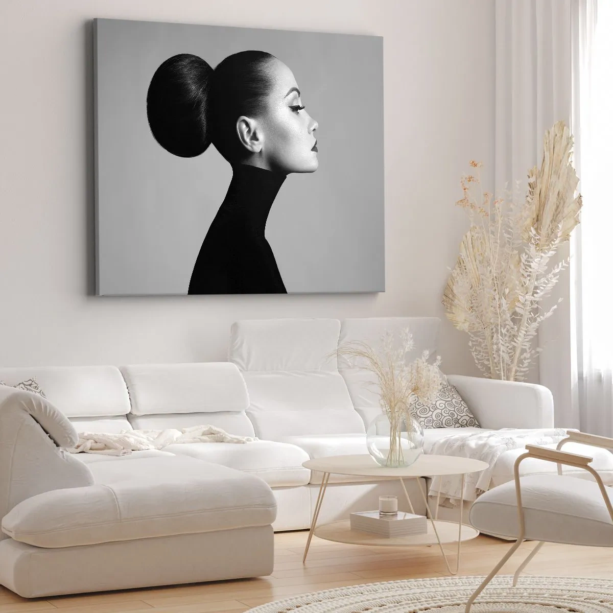 Lærredstryk - Billede på lærred - Profil af en kvinde i sort og hvid med en elegant knold - 70x50cm - Moderne Nefretete - Moderne vægdekoration til stue og soveværelse ARTTOR