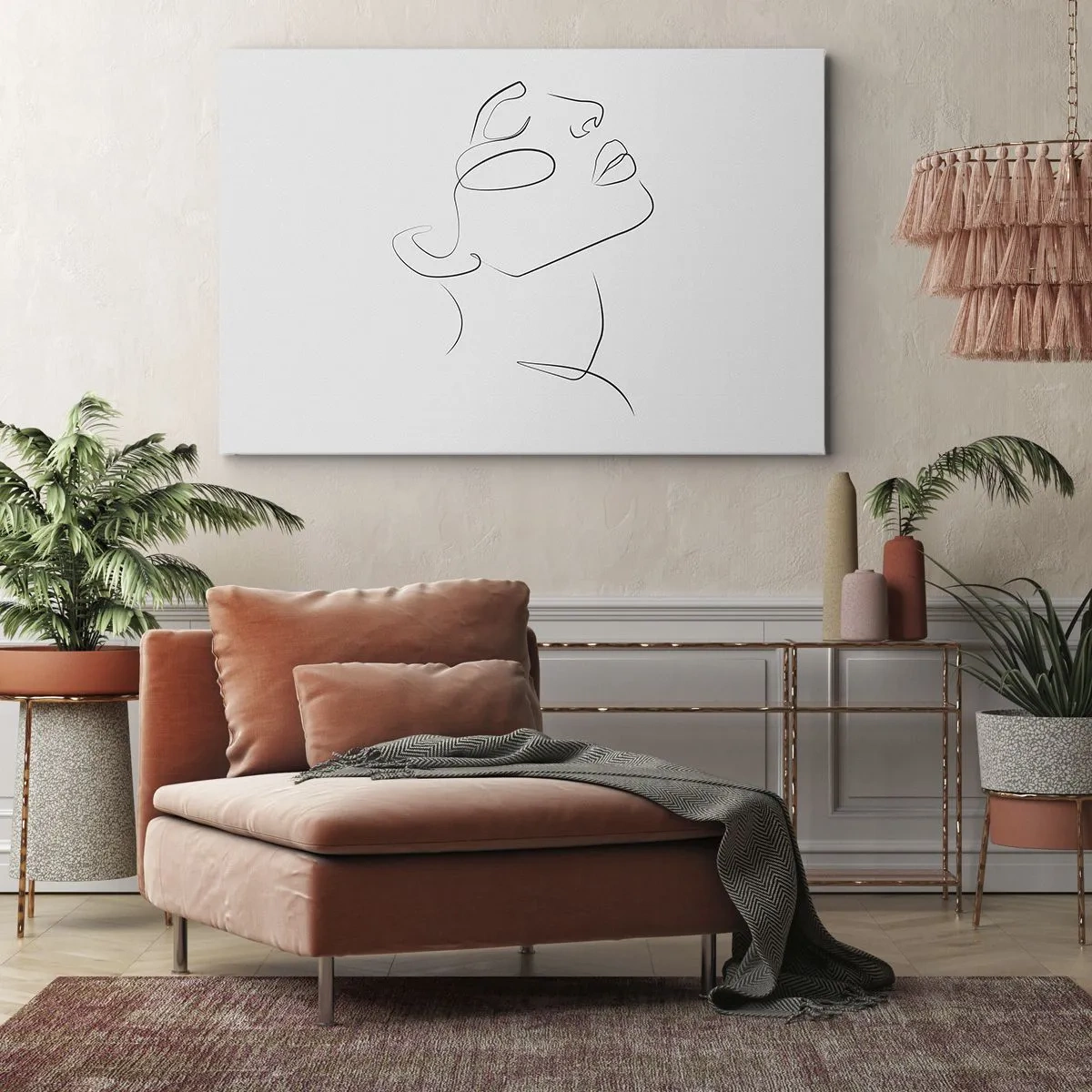 Lærredstryk - Billede på lærred - En minimalistisk skitse af en kvindes ansigt i profil. - 70x50cm - En drømmes slyngninger - Moderne vægdekoration til stue og soveværelse ARTTOR