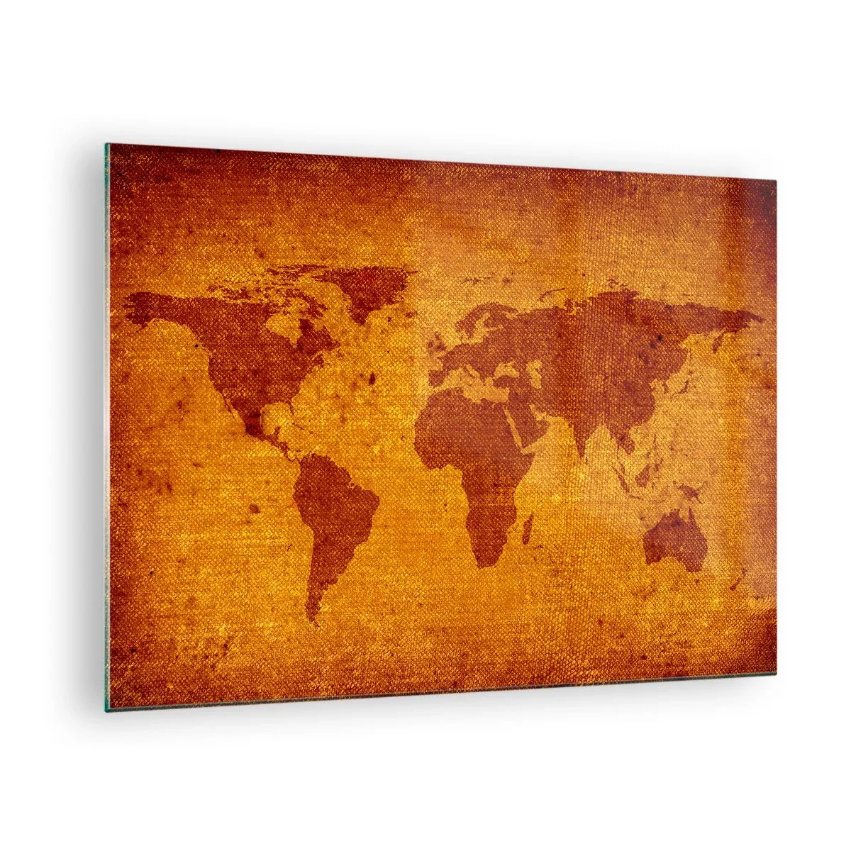 Billede på glas - Et verdenskort i varme, sepia-tonede farver - 70x50cm - Invitation til en rejse - Moderne vægdekoration til stue og soveværelse ARTTOR