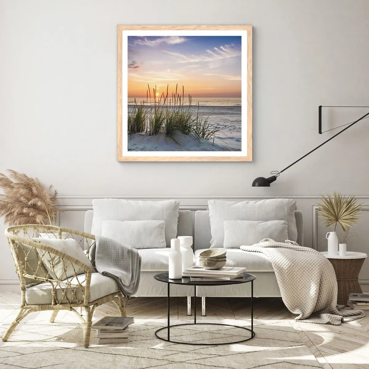 Plakat i ramme af lyst egetræ - Se, tænk, føl - 60x60 cm