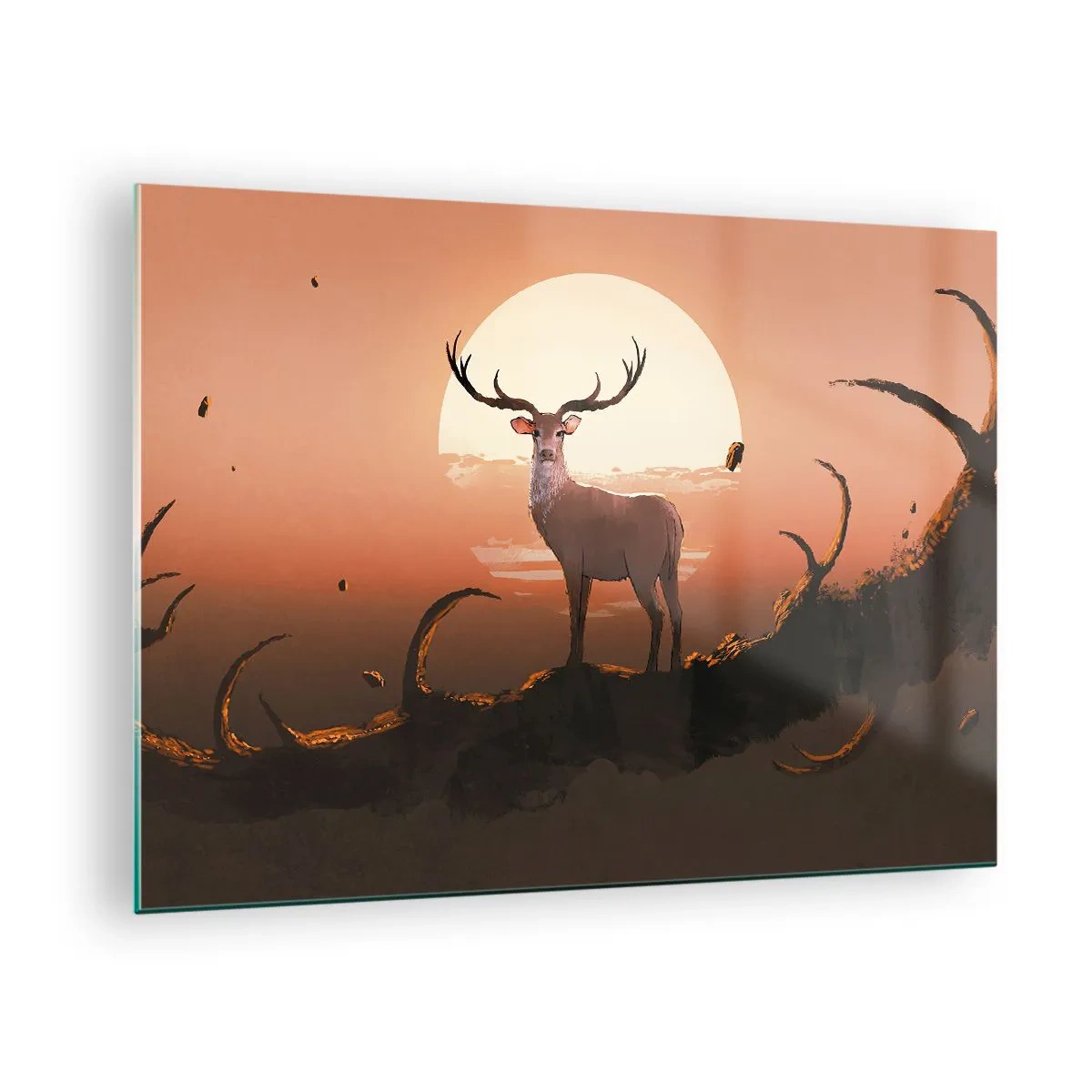 Billede på glas - Silhuet af en hjort mod en baggrund af en stor måne omgivet af grene - 70x50cm - Denne aften er ikke som alle andre - Moderne vægdekoration til stue og soveværelse ARTTOR