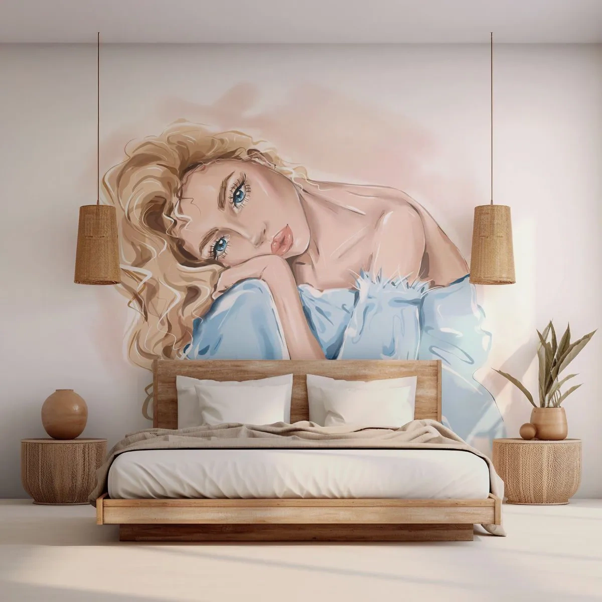 Fototapet Selvklæbende Deluxe Sticker - Drømmende i blåt - Kvinde, Mode, Grafik - 350x256 cm