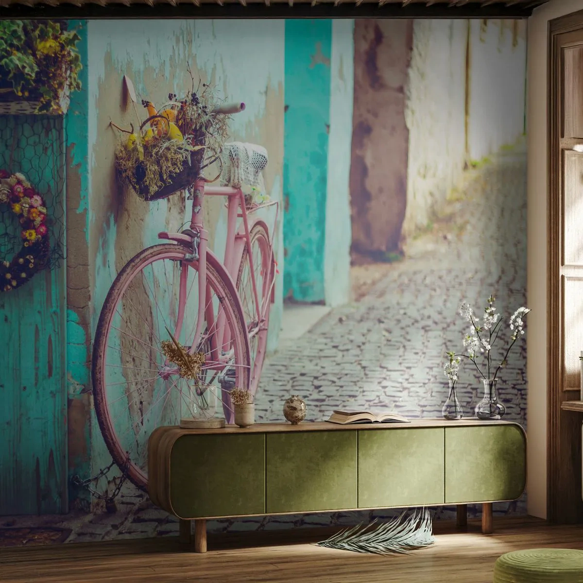 Fototapet Premium Sand - Jeg vender tilbage om lidt - Cykel, Arkitektur, Blomster - 100x70 cm