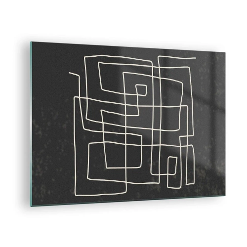 Billede på glas - Geometrisk abstraktion med hvide linjer på en sort baggrund - 70x50cm - Ikke helt så enkel - Moderne vægdekoration til stue og soveværelse ARTTOR