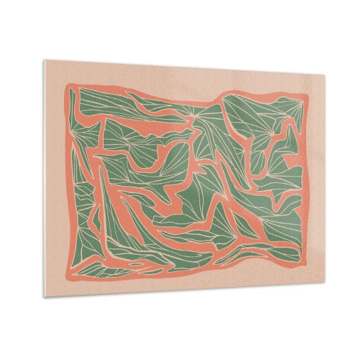 Billede på glas - Grønne blade omgivet af en koralramme på en beige baggrund - 70x50cm - En kamp mellem koral og grøn - Moderne vægdekoration til stue og soveværelse ARTTOR
