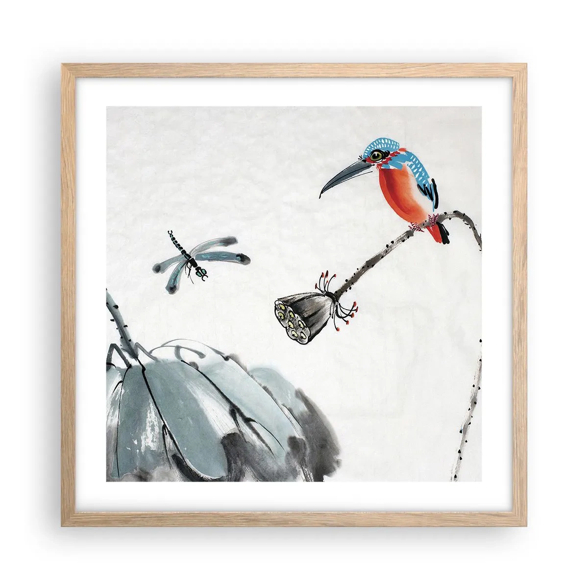 Plakat i ramme af lyst egetræ - Engenes liv - 50x50 cm