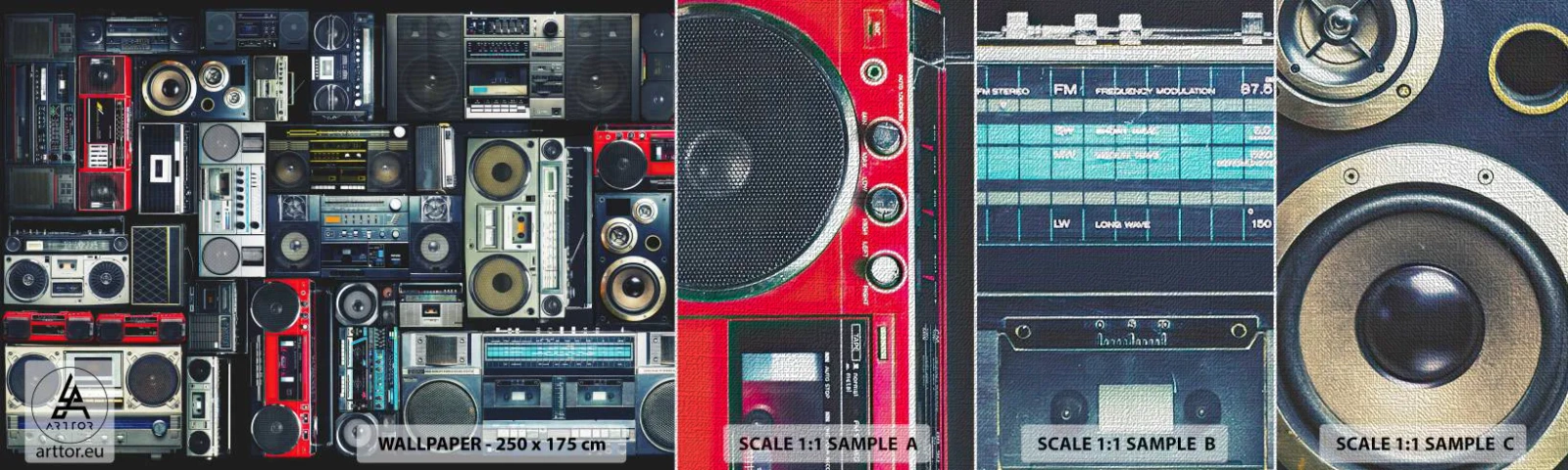 Prøve Fototapet Premium Canvas - Nostalgi for 1980'erne. - Båndoptager, Musik forstærker, Vintage musikalsk udstyr - 100x30 cm