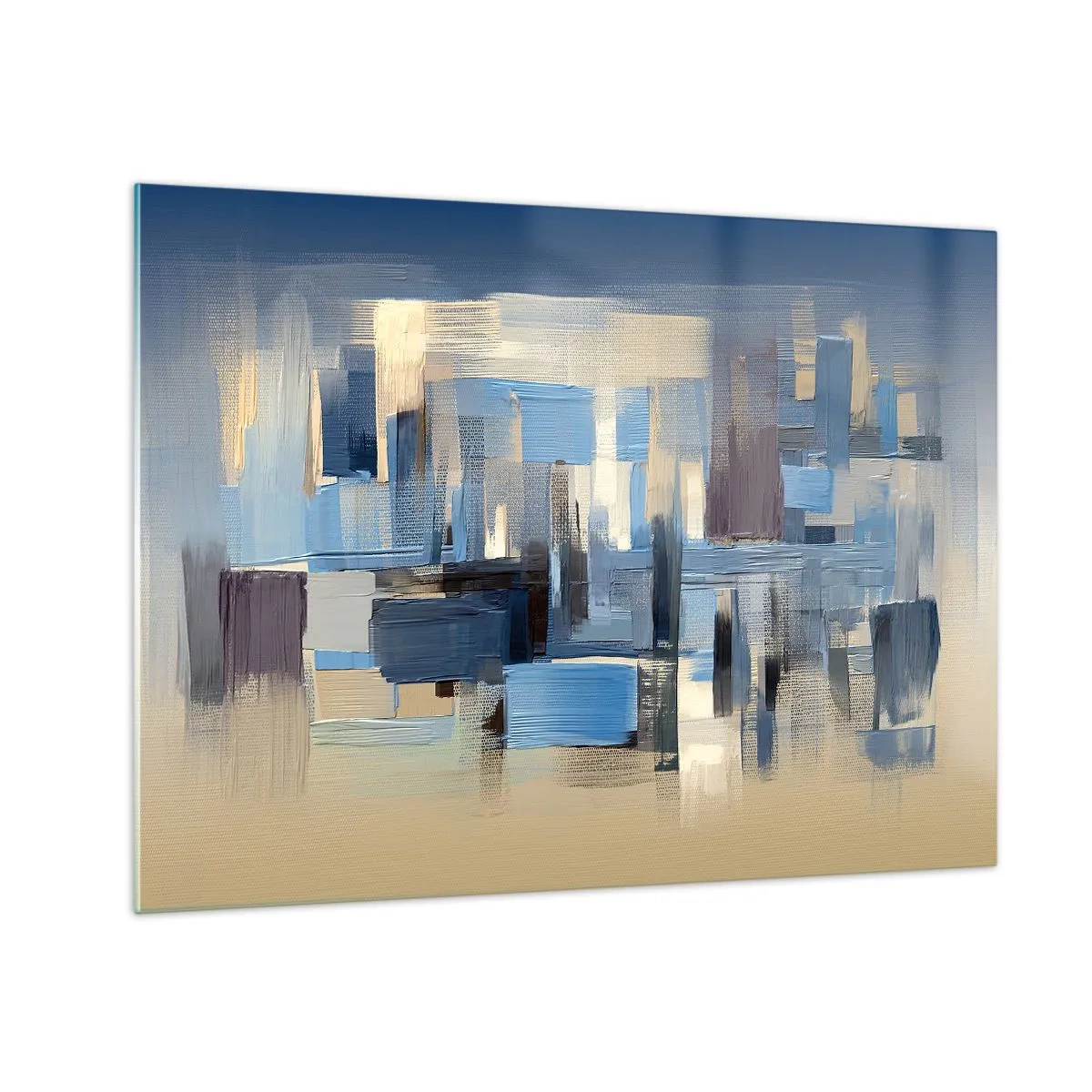 Billede på glas - Geometriske penselstrøg i blå og beige nuancer - 70x50cm - Blå konstruktion - Moderne vægdekoration til stue og soveværelse ARTTOR