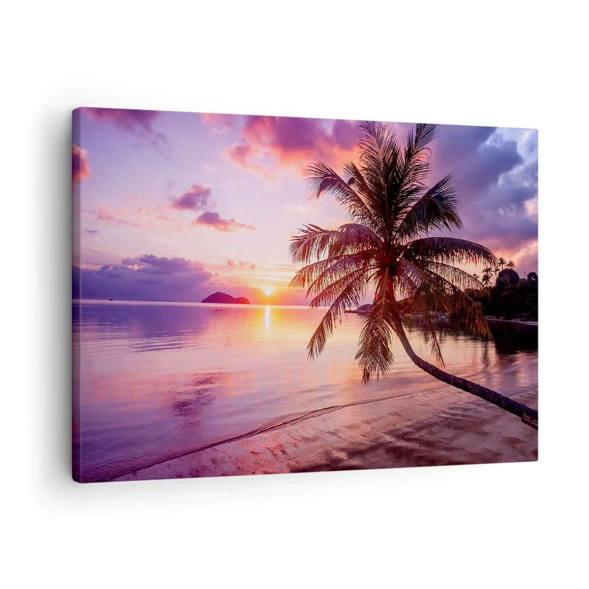 Lærredstryk - Billede på lærred - Tropisk strand med palmetræ ved solnedgang - 70x50cm - Lyksalighed hele vejen til horisonten - Moderne vægdekoration til stue og soveværelse ARTTOR