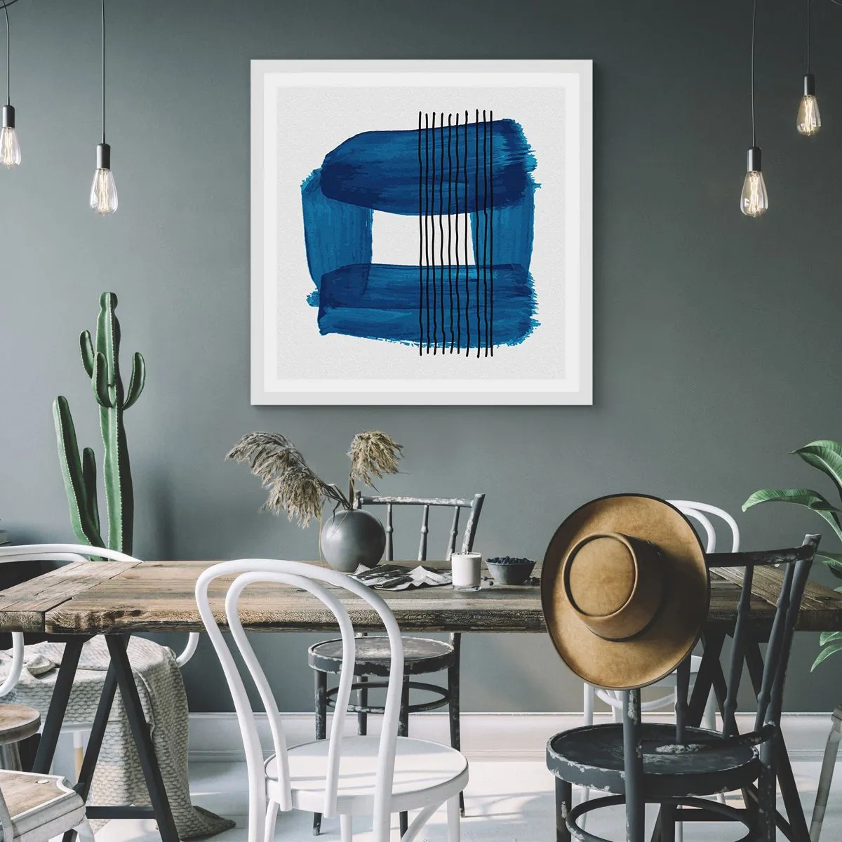 Plakat i hvid ramme - Blå-sort sammensætning - 40x40 cm