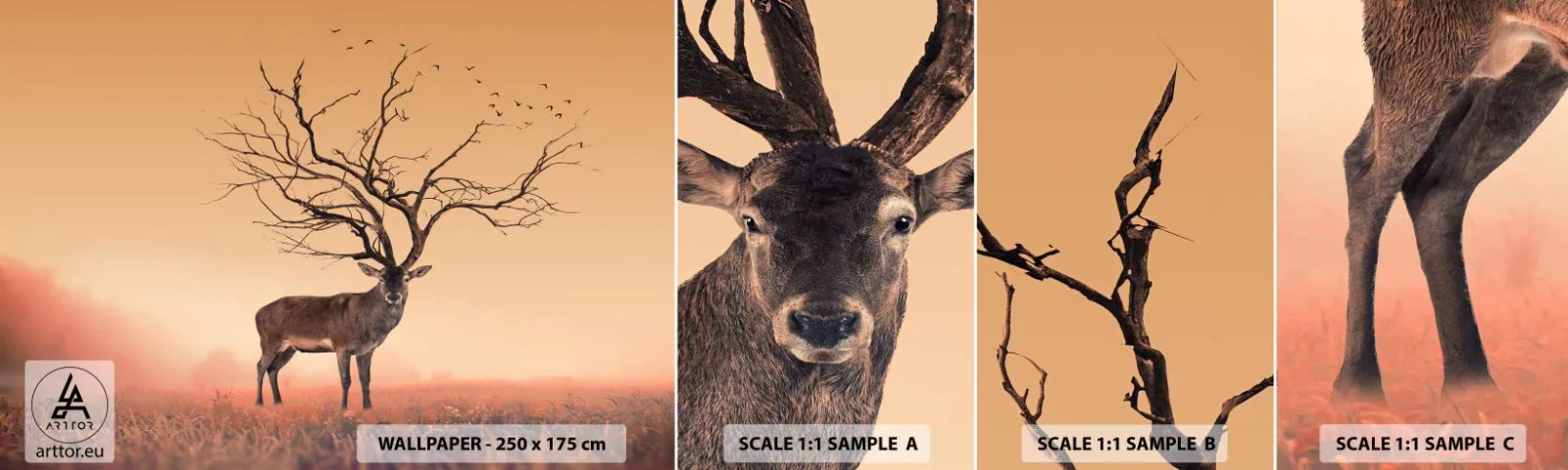 Prøve Fototapet Selvklæbende Deluxe Sticker - Urhjort - skovens evige ånd - Abstraktion, Hjort, Natur - 100x30 cm