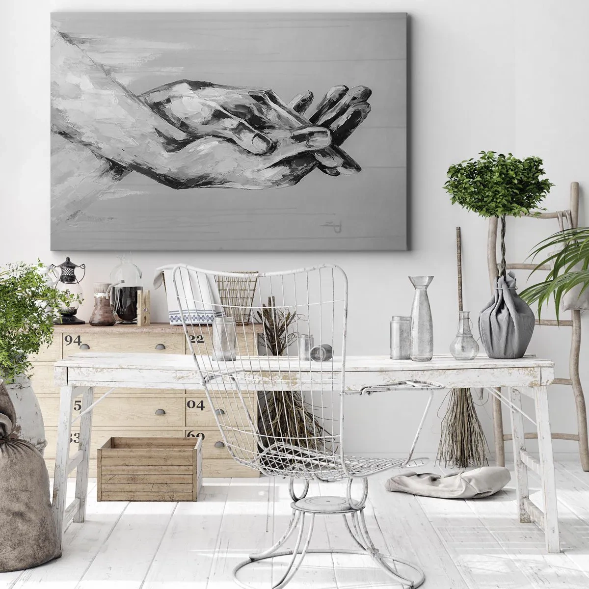 Lærredstryk - Billede på lærred - En sort-hvid komposition af to foldede hænder på en lys baggrund. - 70x50cm - Begyndelsen ... - Moderne vægdekoration til stue og soveværelse ARTTOR