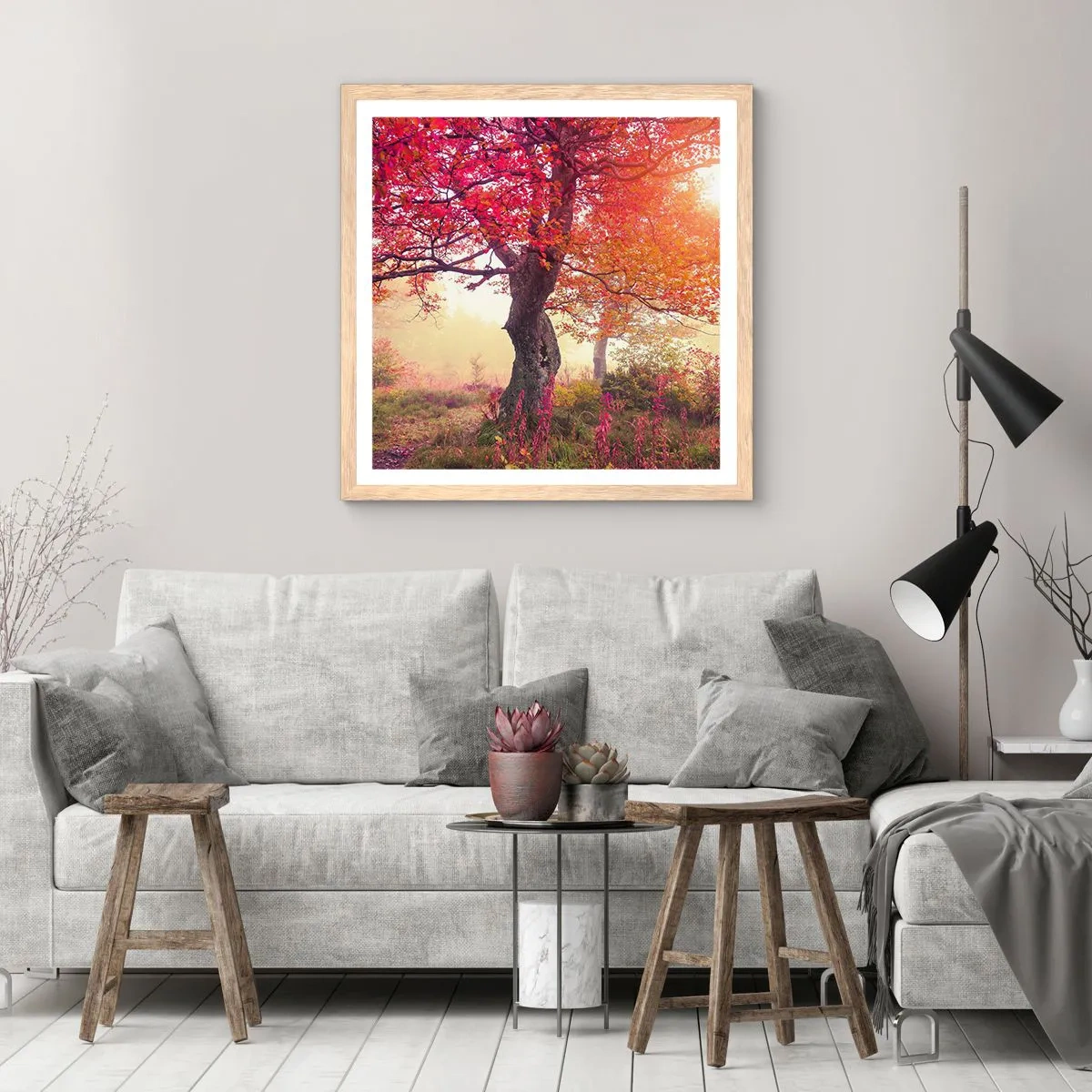 Plakat i ramme af lyst egetræ - Et væld af blomstring - 40x40 cm