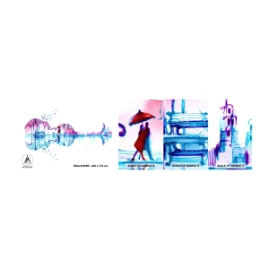 Prøve Fototapet Selvklæbende Deluxe Sticker - Jeg vil bringe jer regnvejrssange - Abstraktion, Violin, Arkitektur - 100x30 cm