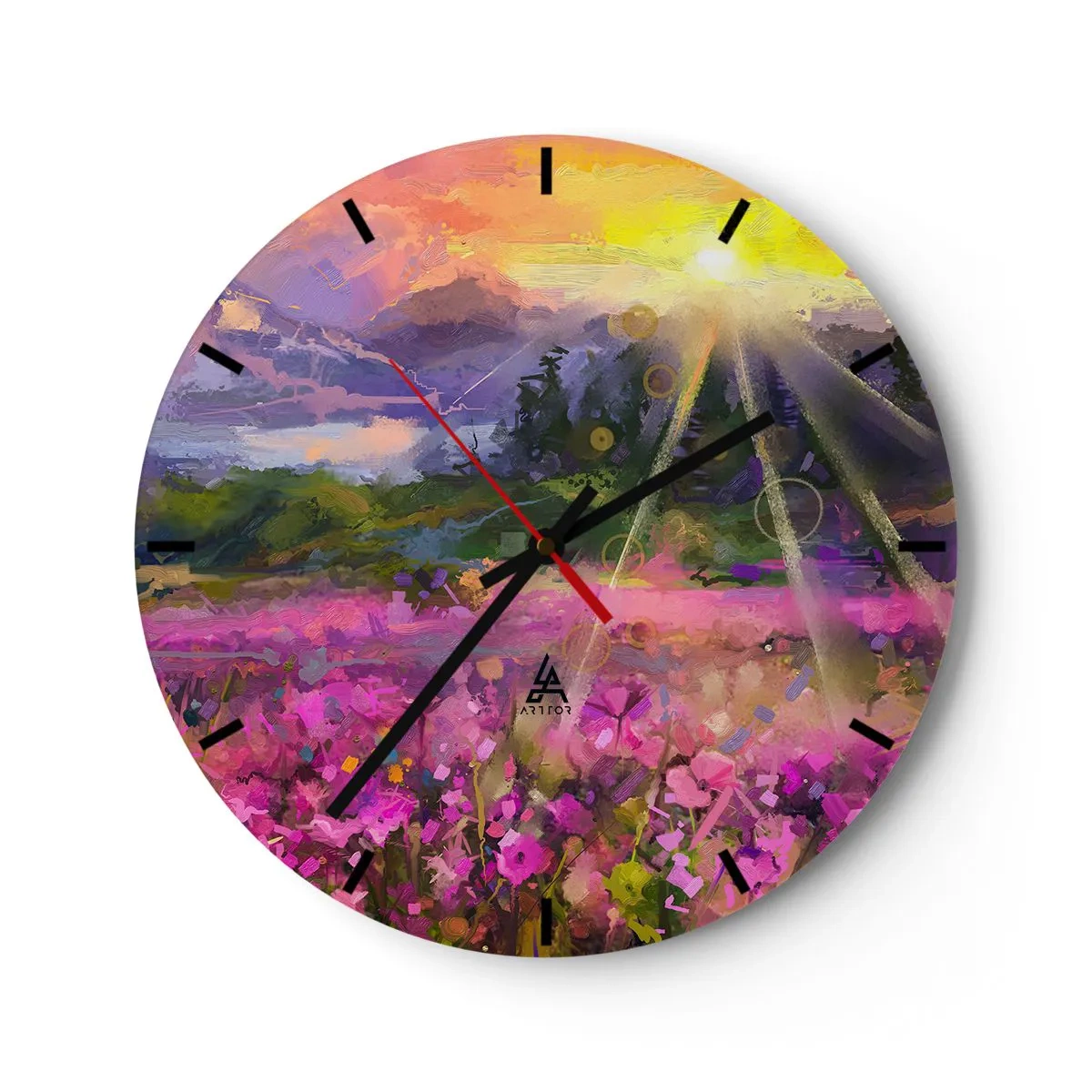 Vægur, Uret - Farverig eng i sollys med et abstrakt landskab - 30x30cm - I en dal under solens beskyttelse - Moderne vægdekoration til stue, køkken og soveværelse ARTTOR