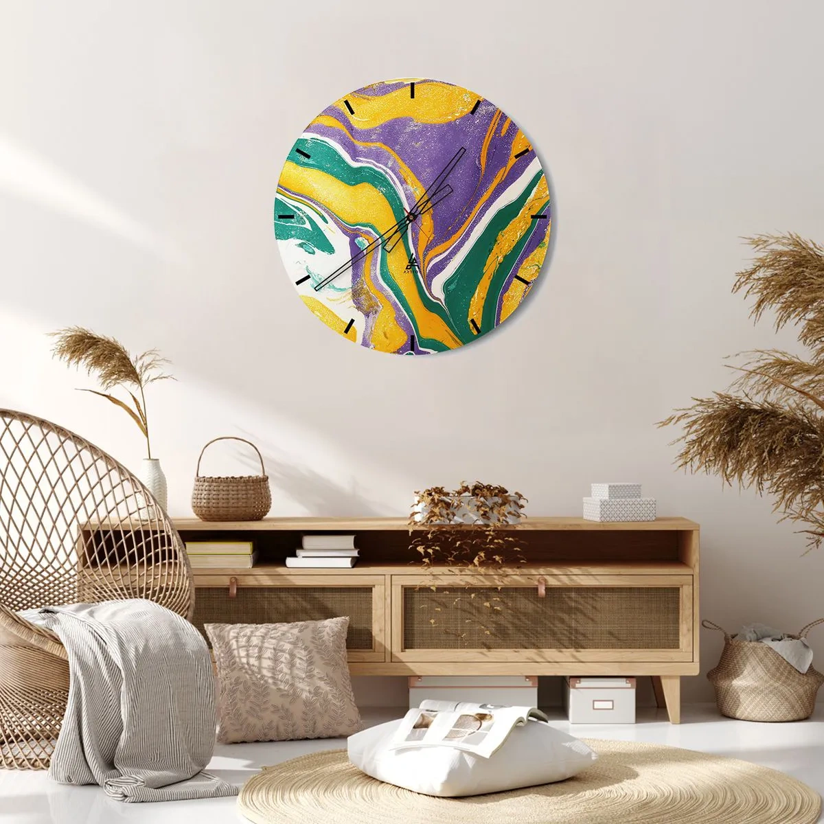 Vægur, Uret - Abstrakte mønstre i nuancer af lilla, gul og grøn - 30x30cm - Bølger af farver - Moderne vægdekoration til stue, køkken og soveværelse ARTTOR