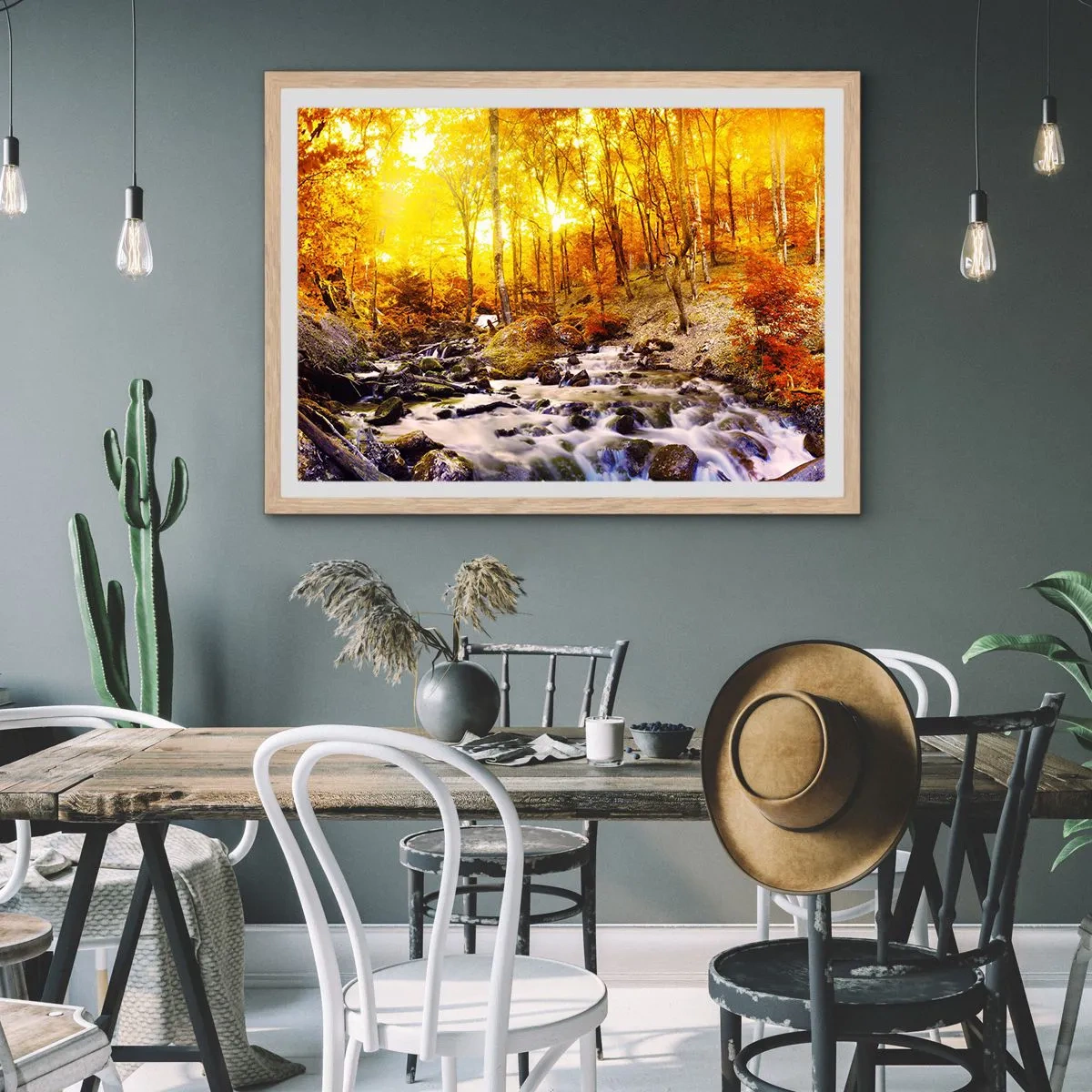 Plakat i ramme af lyst egetræ - Sten indfattet i guld og platin - 50x40 cm