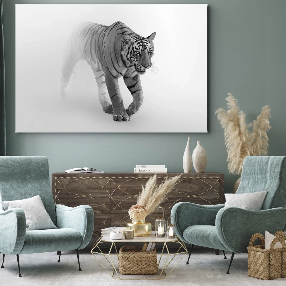 Lærredstryk - Billede på lærred - En tiger dukker op fra tågen - 70x50cm - Krybende i tågen - Moderne vægdekoration til stue og soveværelse ARTTOR