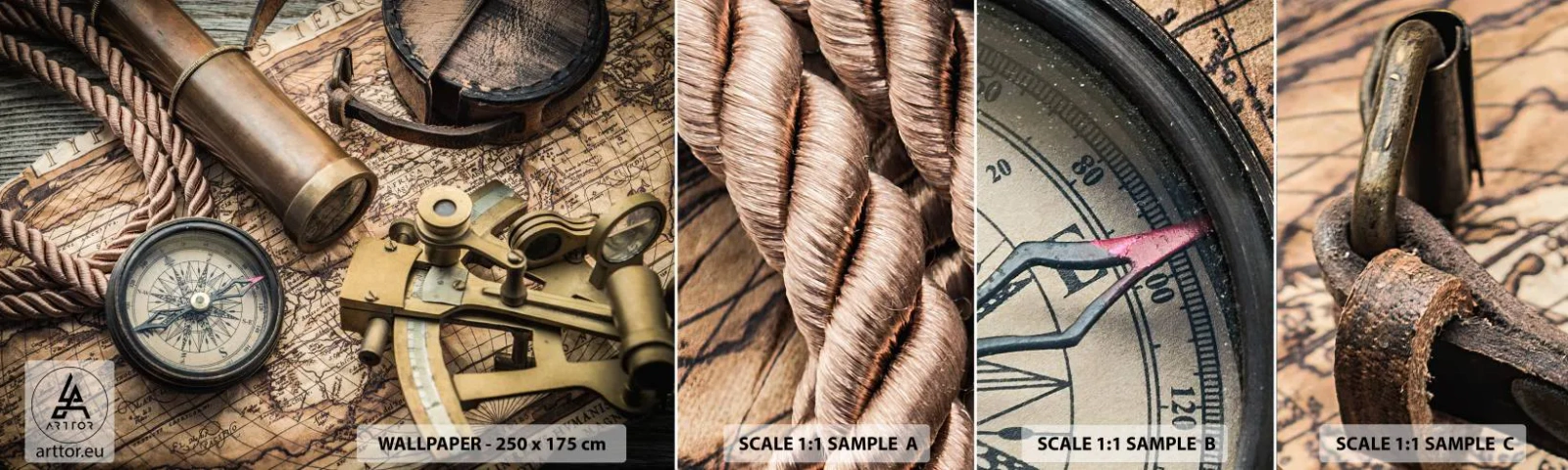 Fototapet Prøve Standard Eco - Fastlægge kursen - Nautisk, Verdenskort, Kompas - 100x30 cm