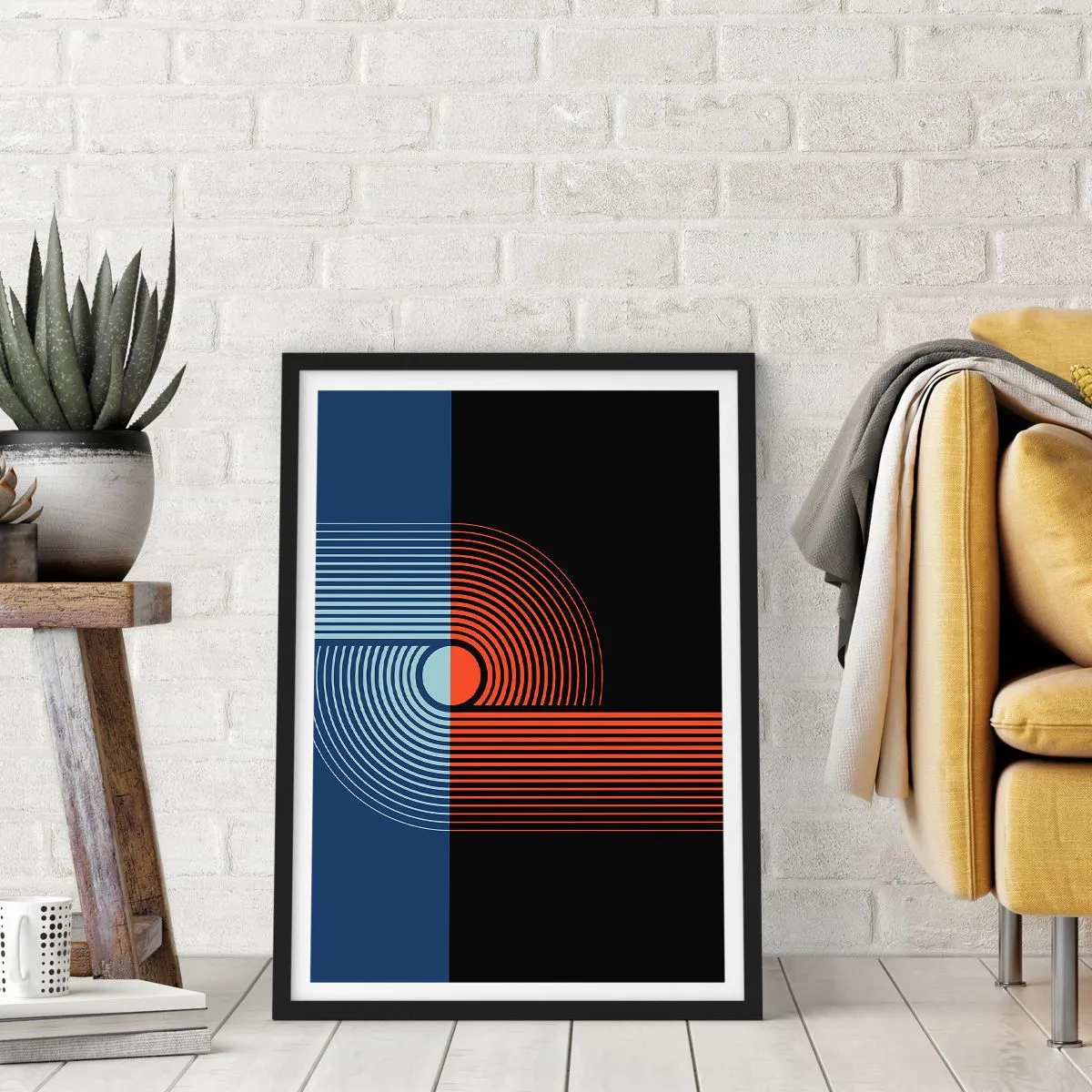Plakat i sort ramme - Geometrisk komposition med linjer i marineblå og orange. - 50x70cm - I en geometrisk omfavnelse - Moderne vægdekoration til stue og soveværelse ARTTOR