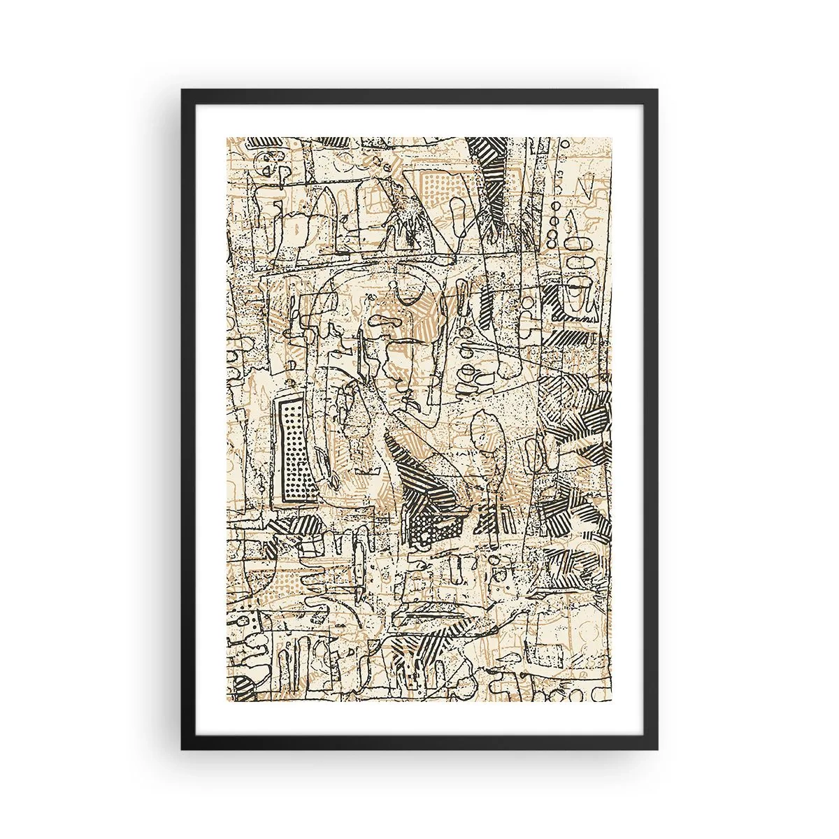 Plakat i sort ramme - Abstrakt geometrisk mønster i beige og sorte nuancer - 50x70cm - Venter på at blive afkodet - Moderne vægdekoration til stue og soveværelse ARTTOR