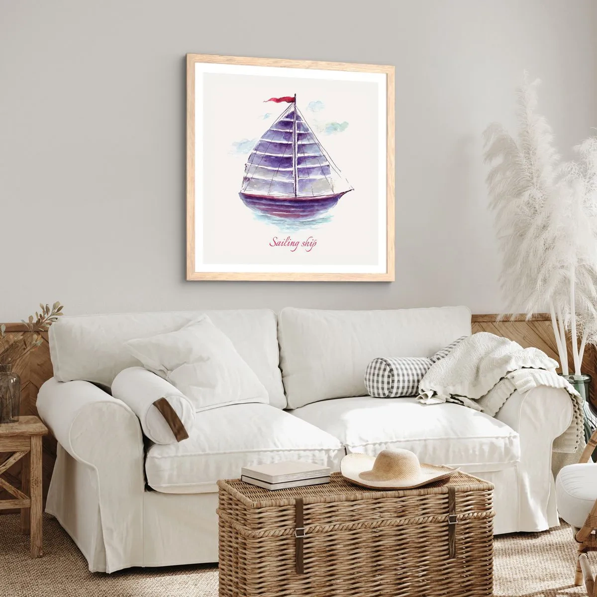 Plakat i ramme af lyst egetræ - Fulde sejl og roligt vand - 40x40 cm