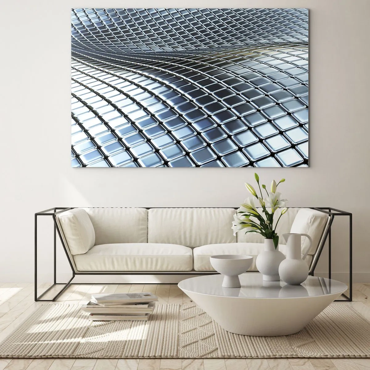 Billede på glas - Abstrakt overflade med skinnende metalkvadrater - 70x50cm - Bølge i metallisk sølv - Moderne vægdekoration til stue og soveværelse ARTTOR