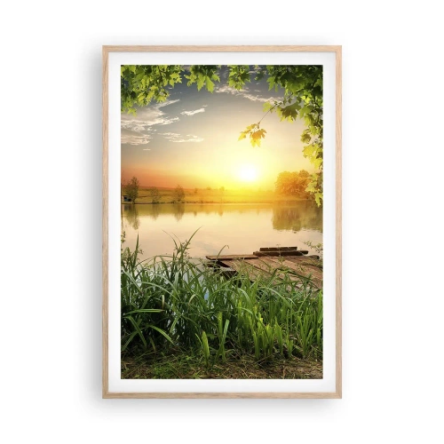 Plakat i ramme af lyst egetræ - Landskab i en grøn ramme - 61x91 cm