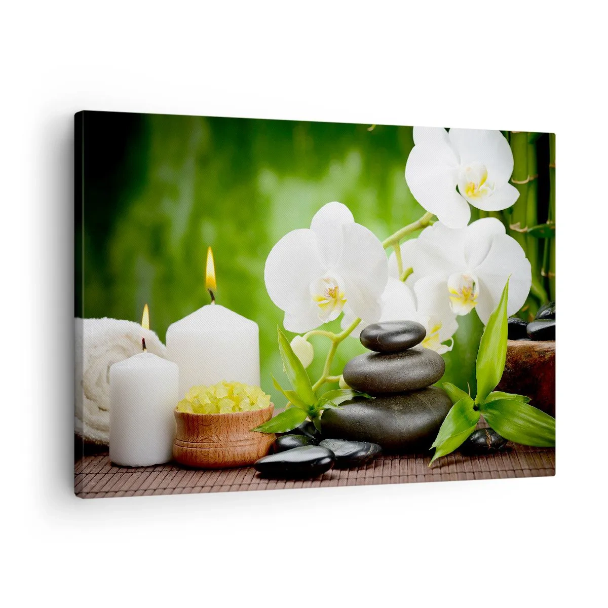 Lærredstryk - Billede på lærred - Orkideer, stearinlys og sten omgivet af natur - 70x50cm - Duftende, blomstret, delikat touch - Moderne vægdekoration til stue og soveværelse ARTTOR