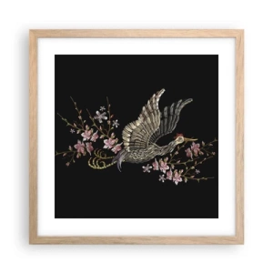 Plakat i ramme af lyst egetræ - Eksotisk broderet fugl - 40x40 cm