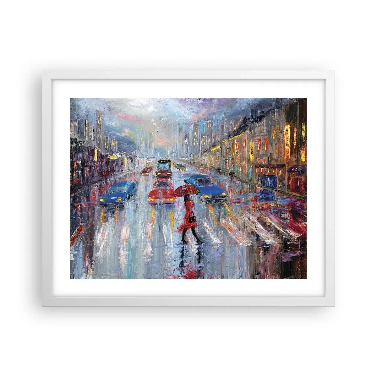 Plakat i hvid ramme - Regnfuld eftermiddag i byen - 50x40 cm