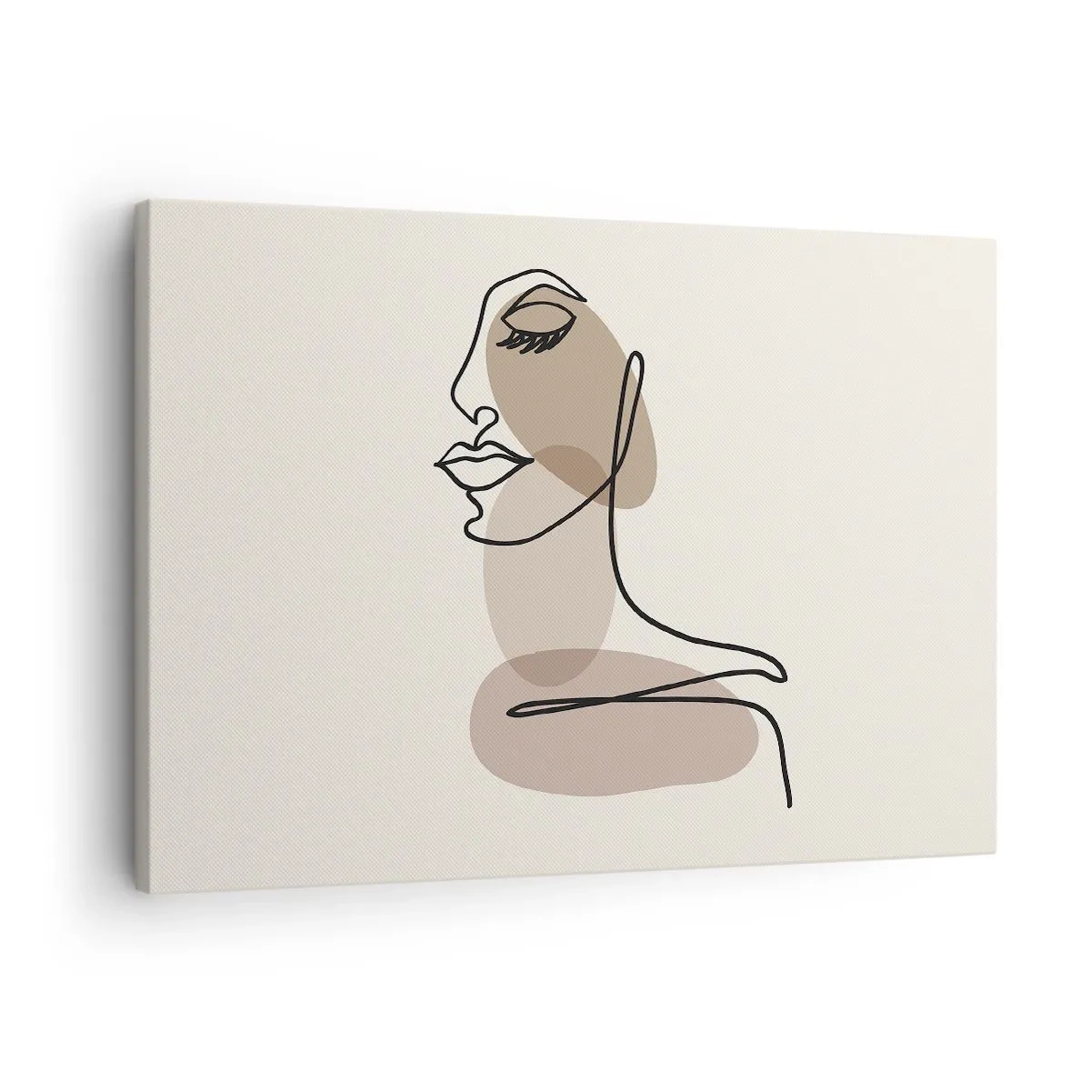 Lærredstryk - Billede på lærred - Minimalistisk kvindeansigt med abstrakte pletter - 70x50cm - Lytter til sig selv - Moderne vægdekoration til stue og soveværelse ARTTOR