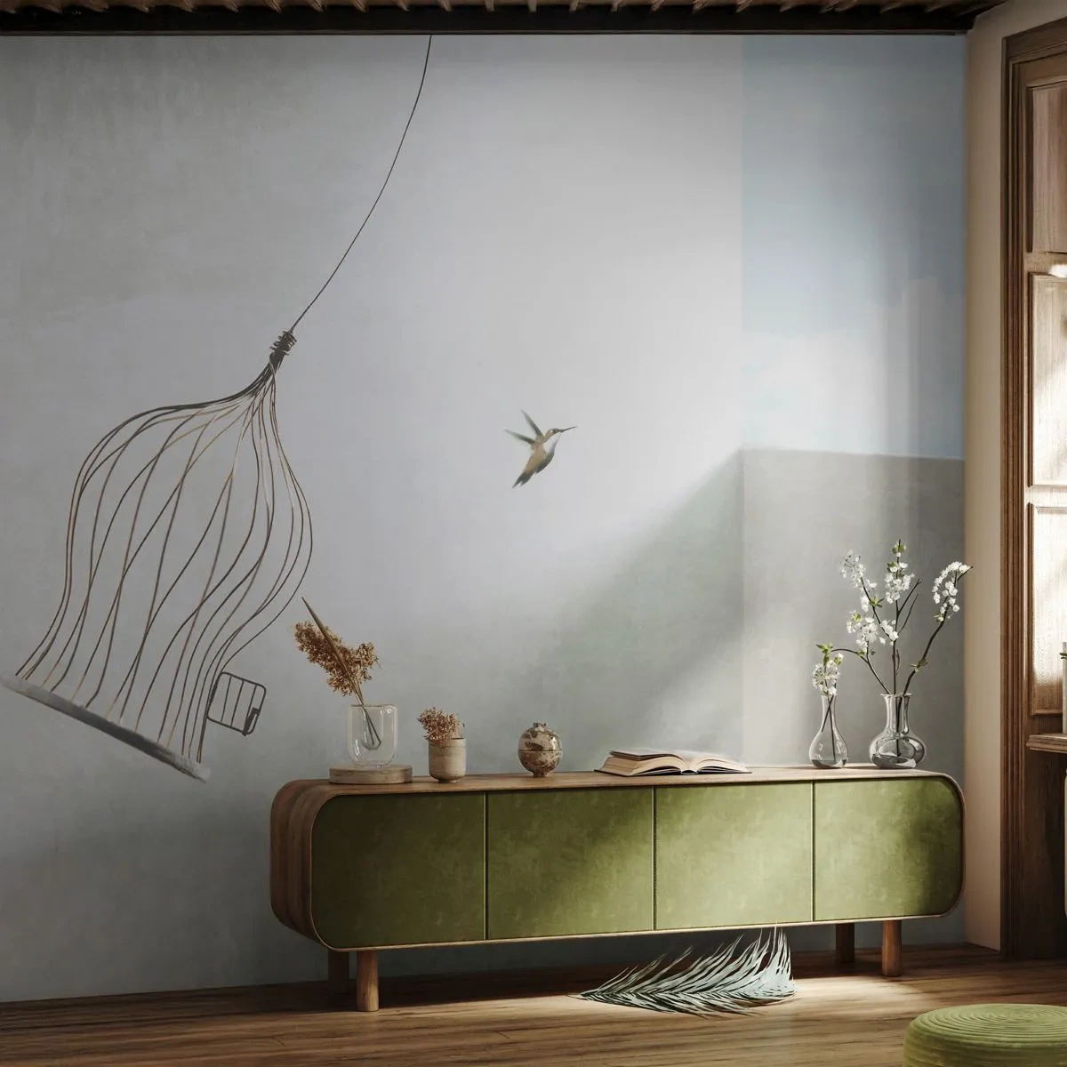 Fototapet Premium Sand - I sit elementet - Abstraktion, Fugl, Fuglebur - 150x105 cm