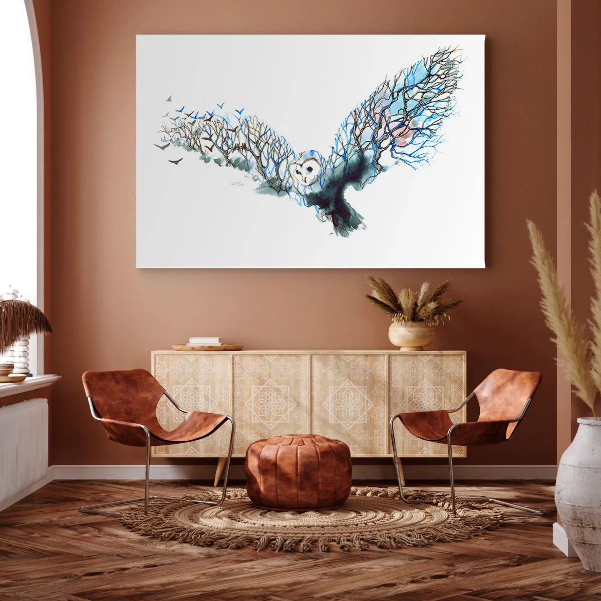 Lærredstryk - Billede på lærred - Kunstnerisk grafik af en ugle med spredte vinger - 70x50cm - På skovens vinger - Moderne vægdekoration til stue og soveværelse ARTTOR