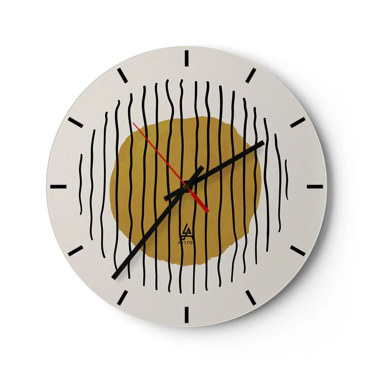 Vægur, Uret - En gul-orange cirkel omgivet af sorte bølgede linjer - 30x30cm - Abstraktion, der skælver af varme - Moderne vægdekoration til stue, køkken og soveværelse ARTTOR