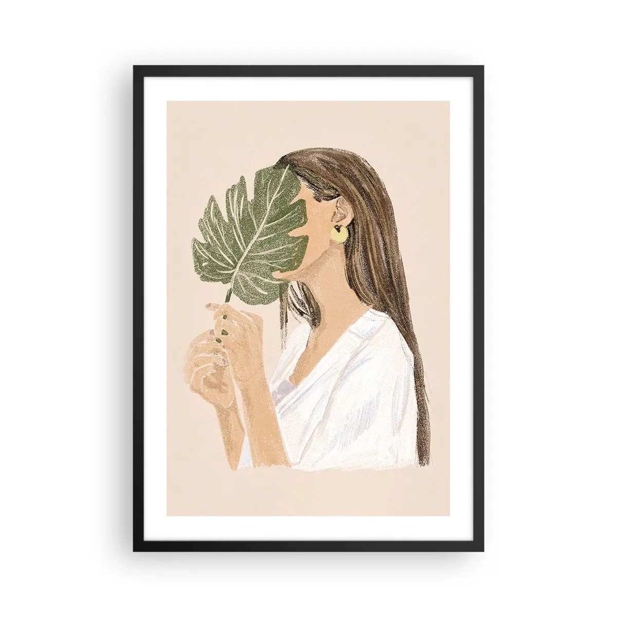 Plakat i sort ramme - En kvinde dækker sit ansigt med et monsterablad. - 50x70cm - Mystisk portræt med en vifte - Moderne vægdekoration til stue og soveværelse ARTTOR