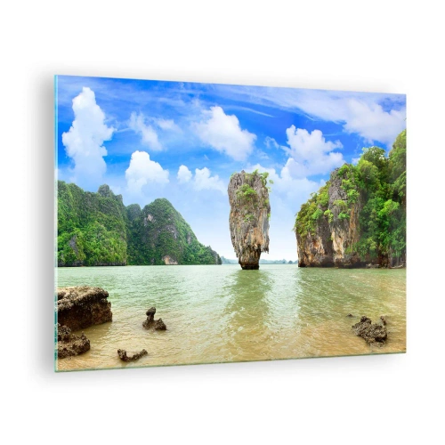 Billede på glas - En klippe i vandet omgivet af tropiske øer - 70x50cm - Klippeagtige naturvidundere - Moderne vægdekoration til stue og soveværelse ARTTOR
