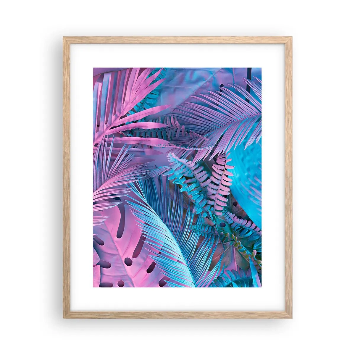 Plakat i ramme af lyst egetræ - Troperne i lyserød og blå - 40x50 cm