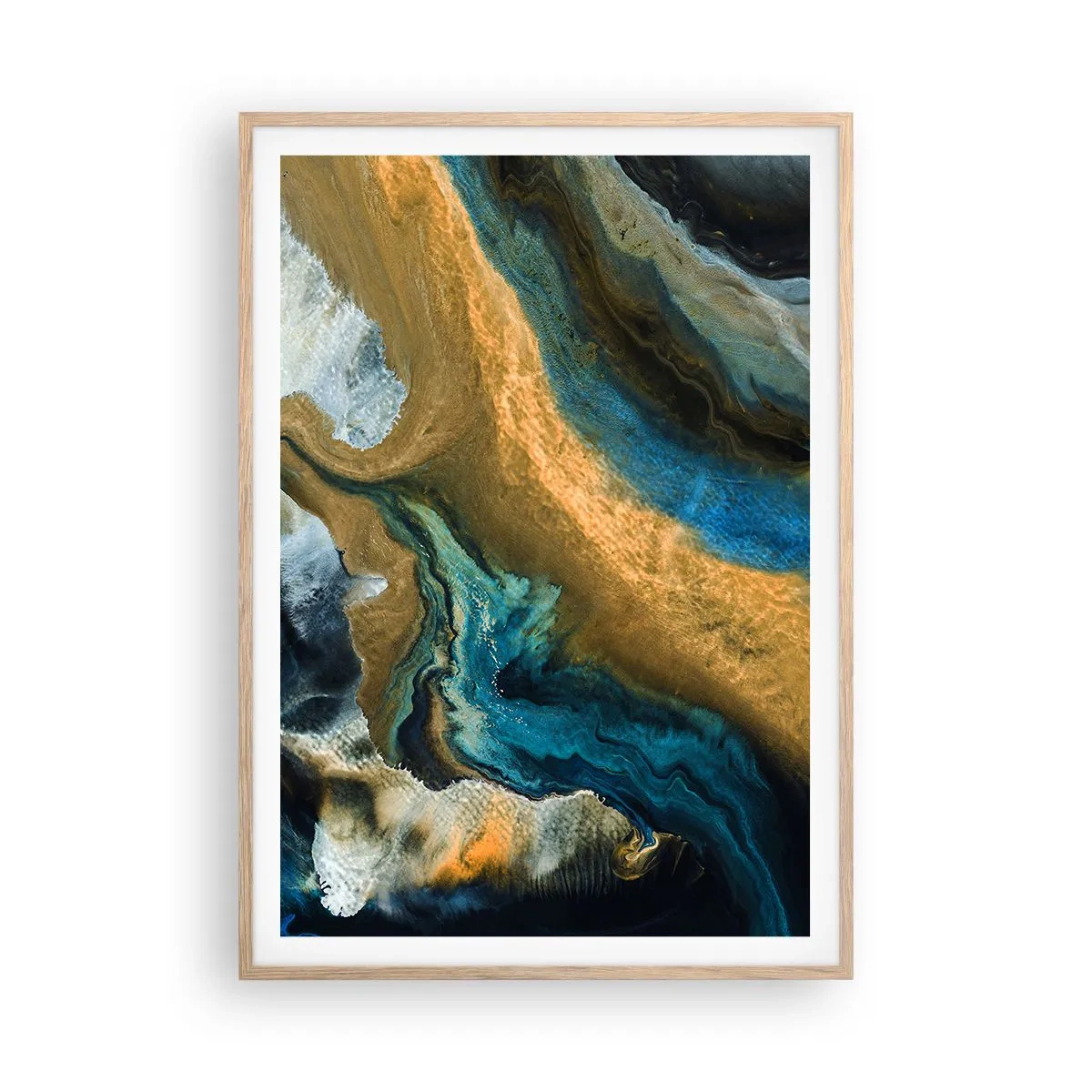 Plakat i ramme af lyst egetræ - Blå - gul - gensidig indflydelse - 70x100 cm