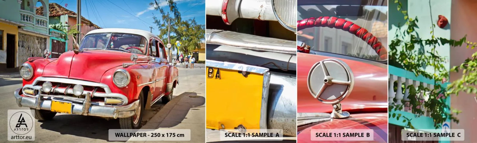Prøve Fototapet Selvklæbende Deluxe Sticker - Kun på Cuba - Automotive, Veteranbil, Arkitektur - 100x30 cm